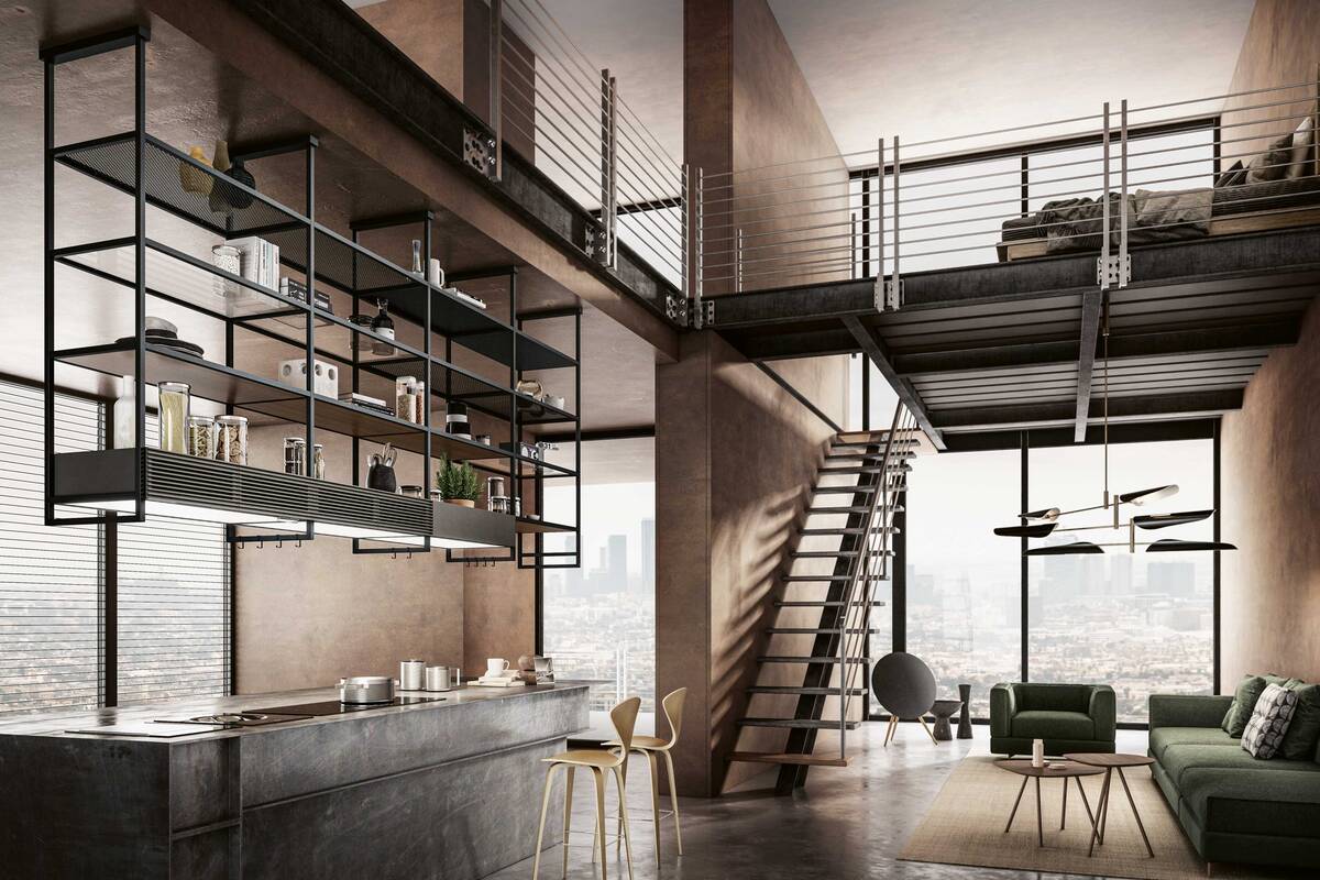 Die Haube «Open Suite» von Elica präsentiert sich im Industrial Look. «Open Suite» setzt sich aus 80 cm breiten Modulen zusammen. Für die Regalböden kann aus klarem und rauchfarbenem Glas, Metall und Holz gewählt werden. Elica S.p.A. über Adago – Home GmbH.