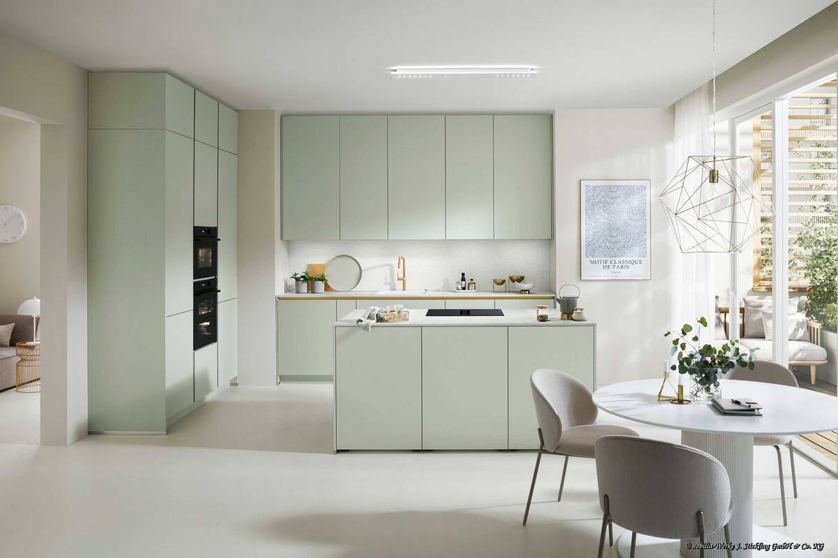 Ein puristischer Look wirkt aufgeräumt, lässt Formen, Farben und Materialien wirken und schafft Raum für das Wesentliche. Linie «Savona» in Jade Premium Matt. Fust.