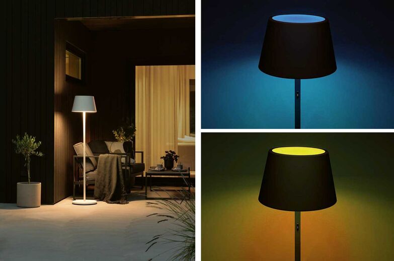 Die aus robustem Aluminium gefertigte LED-Stehleuchte «Pomezia» mit stufenloser Dimmfunktion, drei Lichtfarben sowie integriertem Akku und Ladestation bietet höchste Flexibilität. Sowohl draussen als auch drinnen ein stilvolles Accessoire. Hunn Gartenmöbel, www.hunn.ch