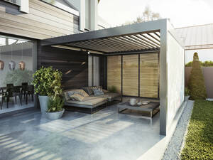 Preisgekrönt: Pergola «So!» bekam den renommierten Red Dot Design Award 2019: Lamellen, LED Beleuchtung, Bluetooth Sound und Heizung werden per App gesteuert. Winsol/Green Style