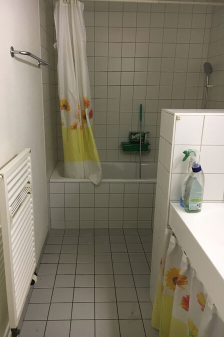 Vorher war das Bad ein schlichtes, funktionales Familienbad mit Wanne und Doppelwaschbecken.