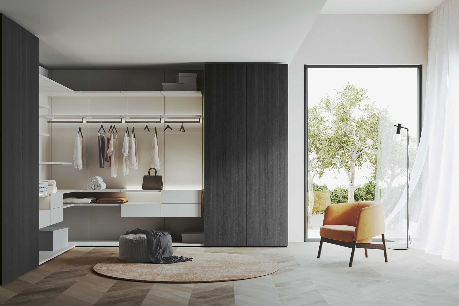 «Collectplus» ist ein individuell zusammenstellbares Systemmöbel, das vielfältige gestalterische Freiheiten eröffnet – egal ob für die Garderobe, das Esszimmer, den Wohnbereich oder das Schlafzimmer. Es ermöglicht Schrank-Ecklösungen ohne Eckblenden. Die grossformatige Falttüren gewährleisten ungehinderten Zugriff auf den Schrankinhalt. Interlübke, www.interluebke.com