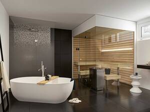 Die Sauna «Priva» gibt es in vier Grössen respektive Grundrissen. Für die Innenausstattung stehen Erle, Espe oder Polarkiefer zur Auswahl. Der Ofen kann frei gewählt werden, je nachdem, ob klassisches Saunieren oder Biosauna bevorzugt wird. Küng Wellness AG.