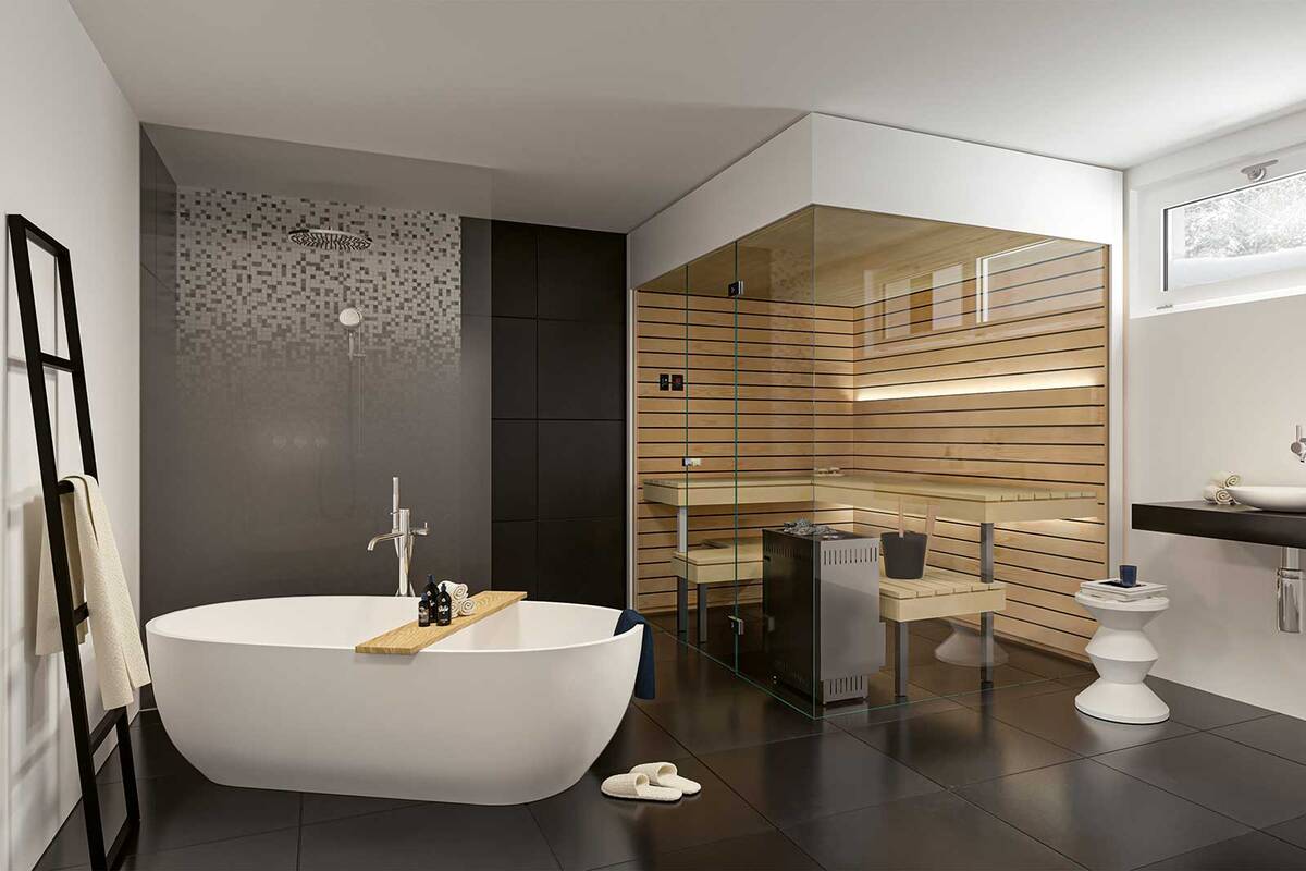 Die Sauna «Priva» gibt es in vier Grössen respektive Grundrissen. Für die Innenausstattung stehen Erle, Espe oder Polarkiefer zur Auswahl. Der Ofen kann frei gewählt werden, je nachdem, ob klassisches Saunieren oder Biosauna bevorzugt wird. Küng Wellness AG.