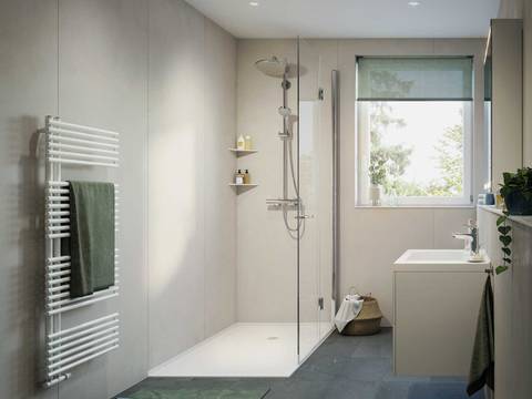 Die ebenerdige Dusche ist aus einem rutschhemmenden Material gefertigt. Kombiniert wird sie mit dem fugenlosen, wasser- und schmutz- abweisenden Wandsystem, das in zahlreichen Farben, Designs und Motiven zur Wahl steht. Viterma.