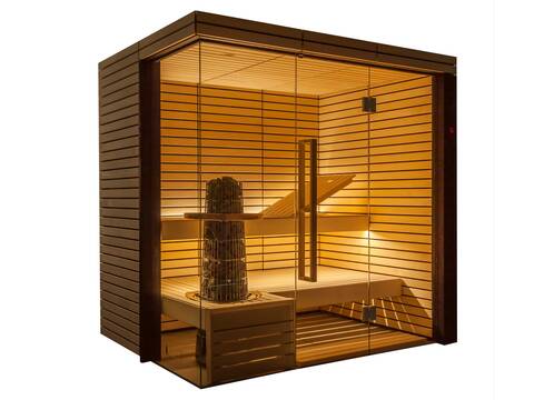 Für die Sauna «Lindea» wird Lindenholz – naturbelassen oder thermobehandelt – verarbeitet und je nach Wunsch auf Mass gefertigt. Tomwood AG.